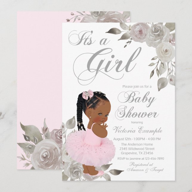 Invitation Baby Shower Princesse Rose Argent (Devant / Derrière)