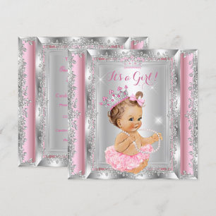 Invitation Baby Shower Princesse Rose Argent Tutu Brunette
