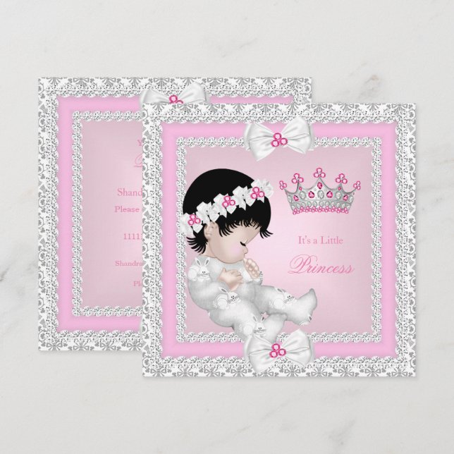 Invitation Baby Shower Princesse Rose Blanc Gris Damas (Devant / Derrière)