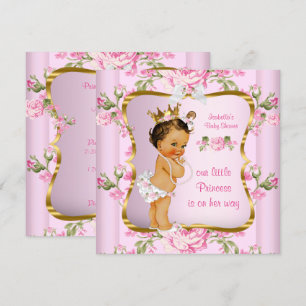 Invitation Baby Shower Princesse Rose Doré Floral Brunette