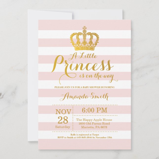 Invitation Baby shower princesse rose et or (Devant)