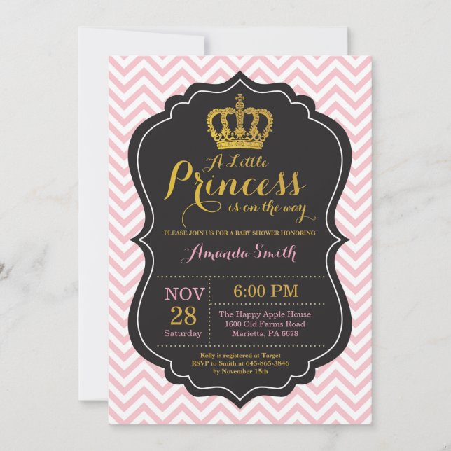 Invitation Baby shower princesse rose et or (Devant)