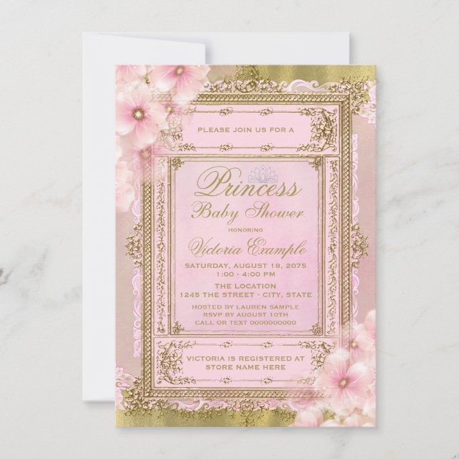 Invitation Baby shower princesse rose et or à huile (Devant)