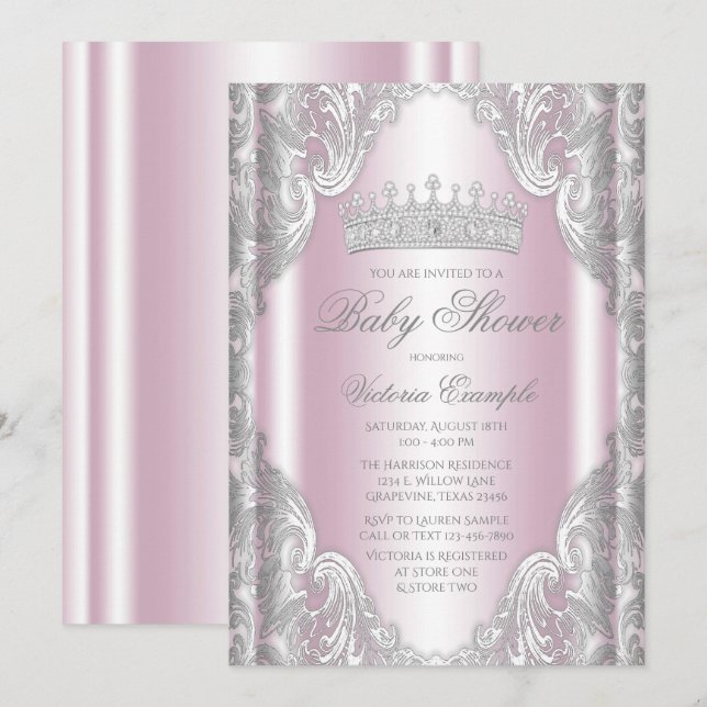 Invitation Baby shower princesse rose gris argenté (Devant / Derrière)