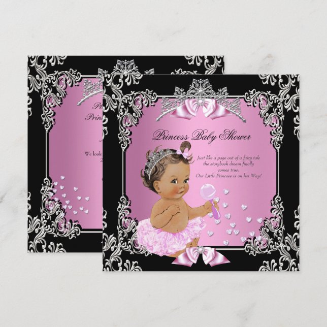 Invitation Baby Shower Princesse Rose Noir Tutu Brunette (Devant / Derrière)