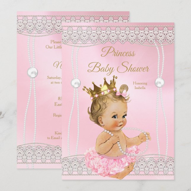 Invitation Baby Shower Princesse Rose perle dentelle blonde (Devant / Derrière)