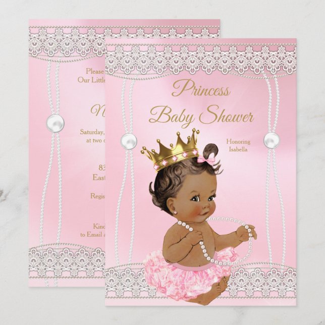 Invitation Baby Shower Princesse Rose perle dentelle brune (Devant / Derrière)