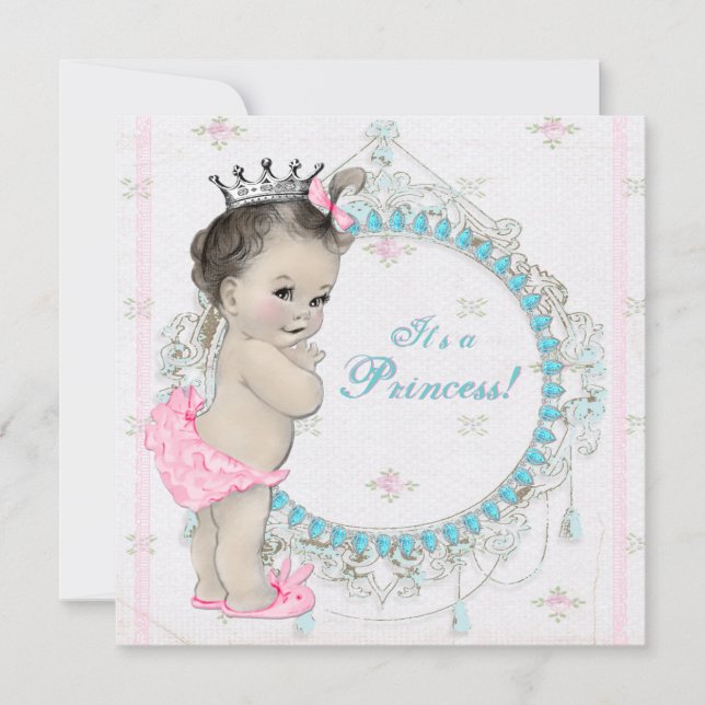 Invitation Baby shower Princesse Vintage rose et Turquoise (Devant)
