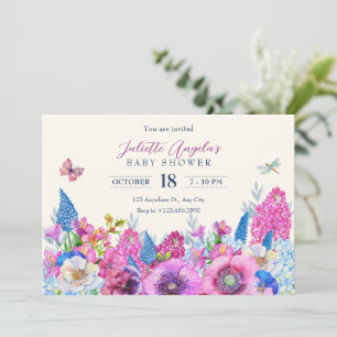 Invitation Baby shower printanier fleuri bleu pourpre