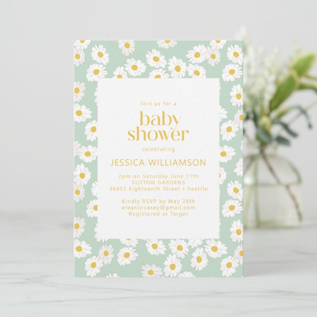 Invitation Baby shower Printemps Pastel Sage Green Daisies (Debout devant)