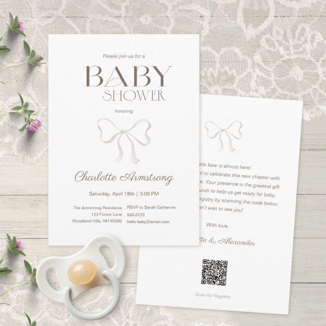 Invitation Baby Shower Propre Arc en Aquarelle Blanche (Clean White Watercolor Bow Baby Shower Invitation ©Susanne Sachers - Sunny Mind 🌞)
