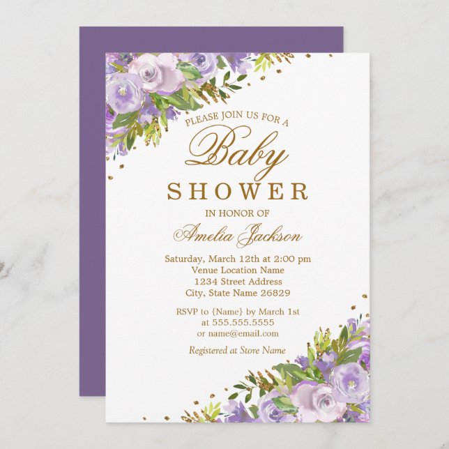 Invitation Baby shower Purple Floral Aquarelle Or (Devant / Derrière)