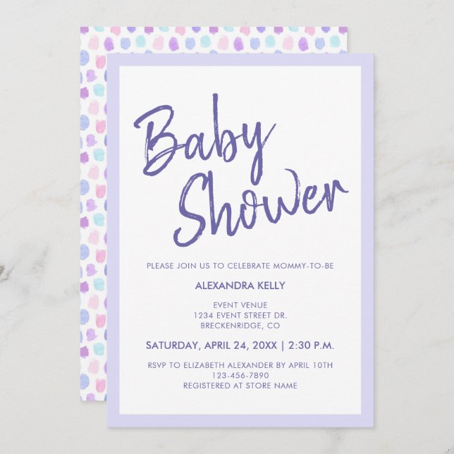 Invitation Baby shower Purple Typographie Aquarelle Pastels (Devant / Derrière)