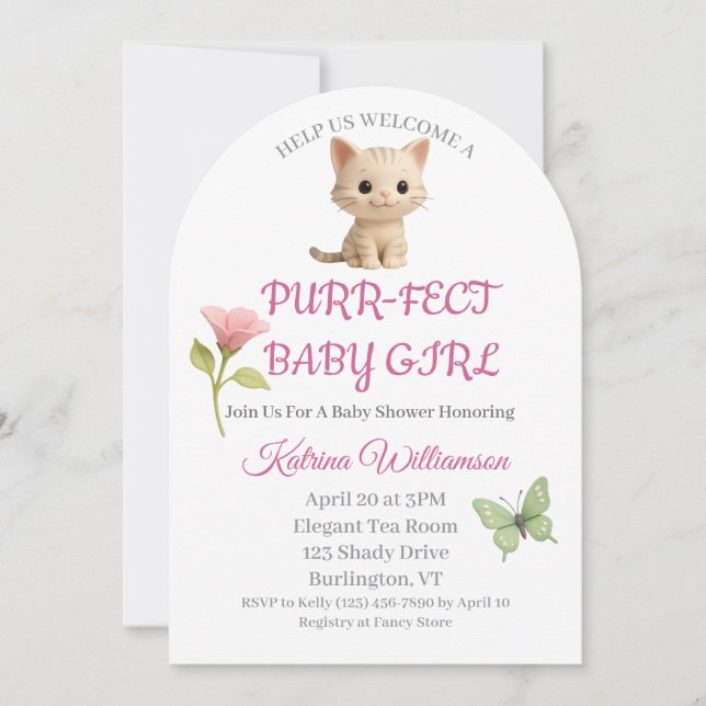 Invitation Baby shower Purr-fect bébé fille chaton (Devant)