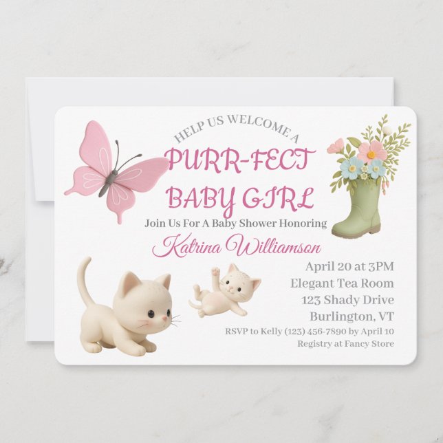 Invitation Baby shower Purr-fect bébé fille chaton (Devant)
