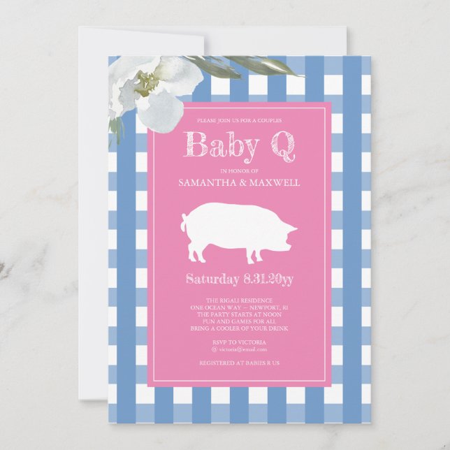 Invitation baby shower Q En vichy et cochon bébé (Devant)