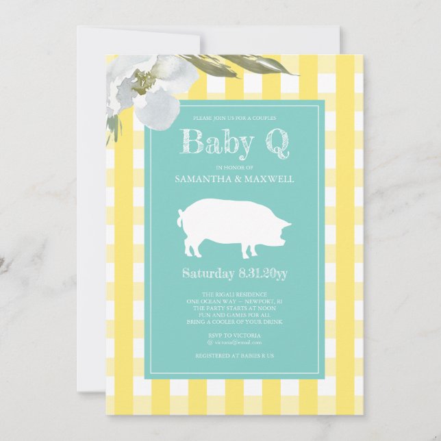 Invitation baby shower Q En vichy et cochon bébé (Devant)
