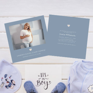 Invitation Baby shower QR CODE photo bleu ciel minimal