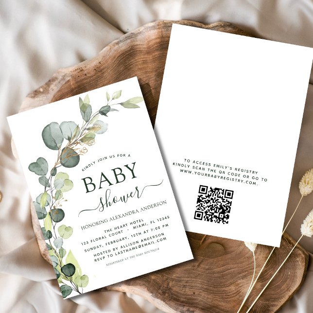Invitation Baby shower QR Code Vert Eucalyptus (Créateur téléchargé)