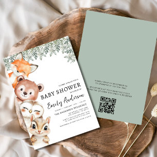 Invitation Baby shower QR Code Woodland Animaux