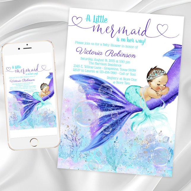 Invitation Baby Shower Queue de Sirène Brunette Sirène (Pretty mermaid baby shower invitation. Instant download and printed invitations available.)