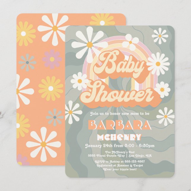 Invitation Baby shower Rainbow Daisy des années 60 de l'Hippi (Devant / Derrière)