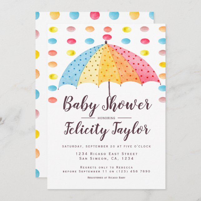 Invitation Baby shower Rainbow Dots Parapluie (Devant / Derrière)