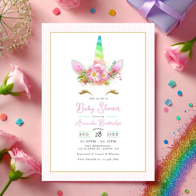 Invitation Baby shower Rainbow Unicorn (Rainbow Unicorn Baby Shower Invitation)
