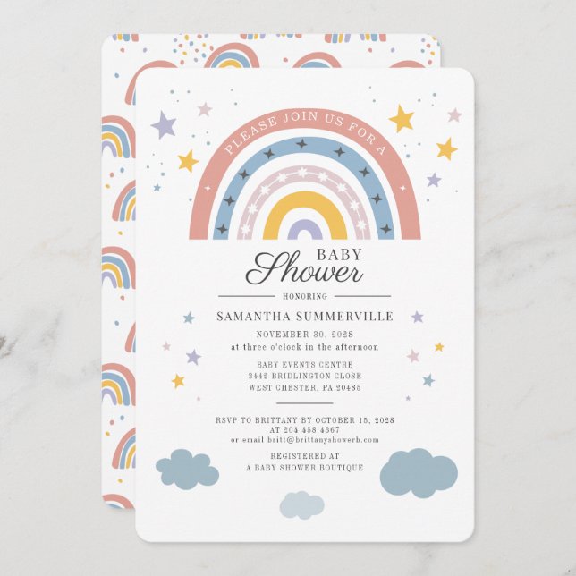 Invitation Baby shower Rainbow Watercolor Script (Devant / Derrière)