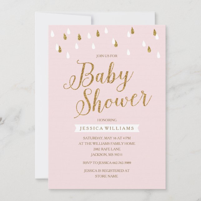 Invitation Baby shower Raindrops de Parties scintillant rose  (Devant)