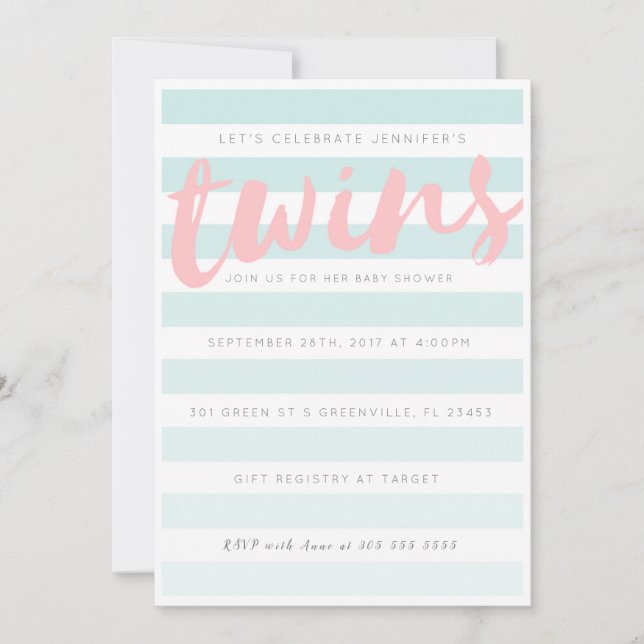 Invitation Baby shower rayé rose bleu Twins (Devant)