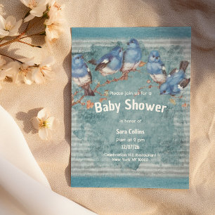 Invitation Baby shower rayé vintage bleu rustique