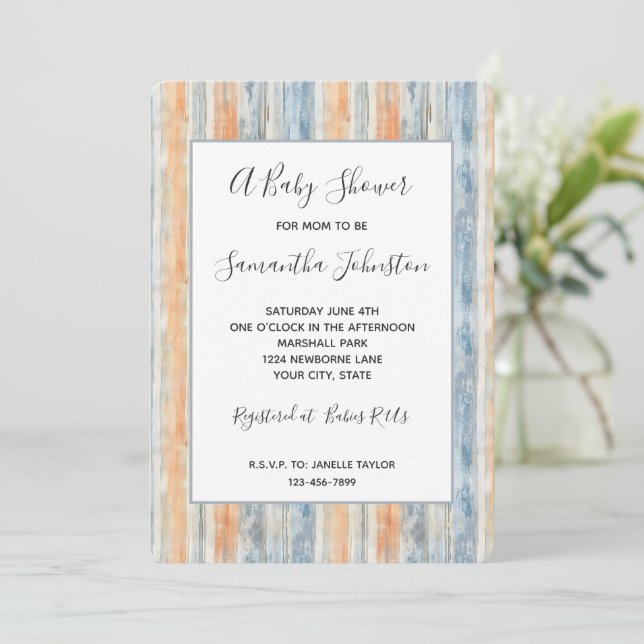 Invitation Baby Shower Rayures Crème de Pêche Bleue (Debout devant)