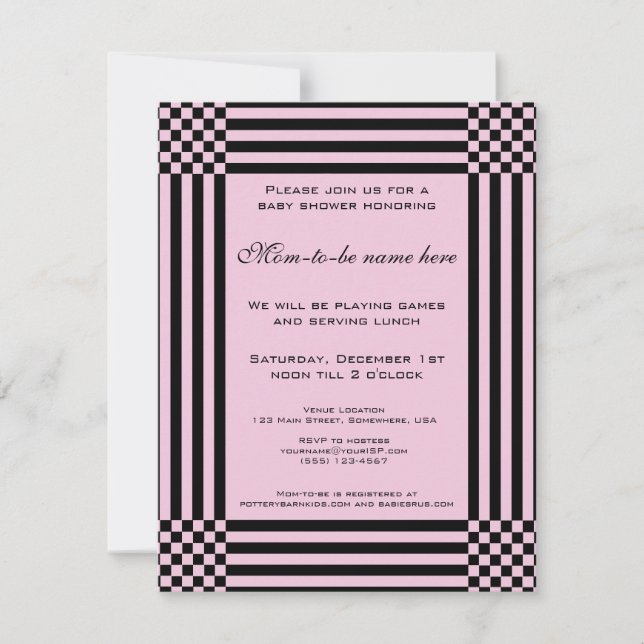 Invitation Baby Shower rayures damier noir et rose (Devant)