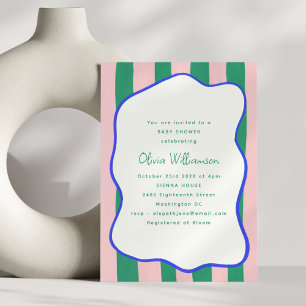 Invitation Baby Shower Rayures Ondulées Roses et Vertes 