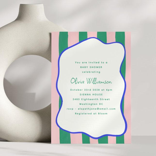 Invitation Baby Shower Rayures Ondulées Roses et Vertes  (Créateur téléchargé)