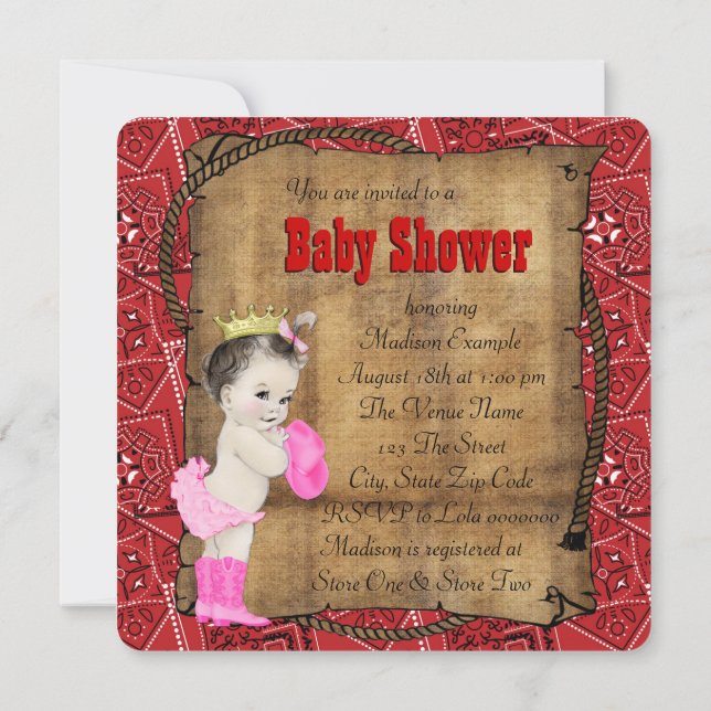Invitation Baby shower Red Bandana Cowgirl (Dos)