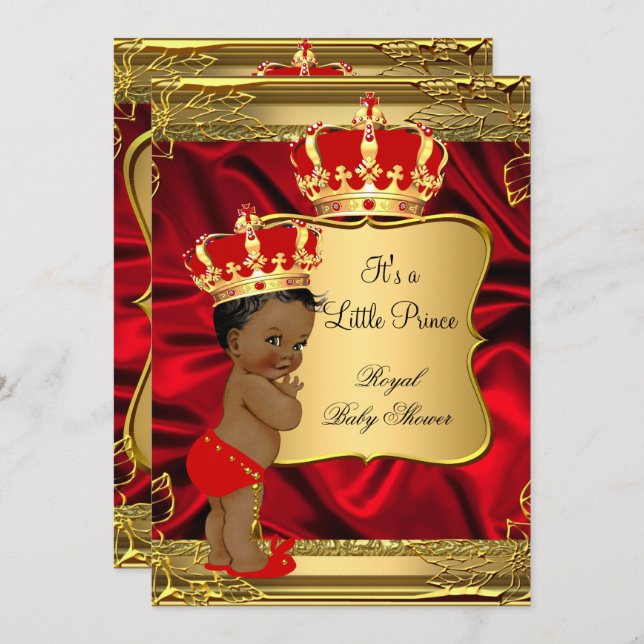 Invitation Baby shower Red Gold African American Prince (Devant / Derrière)