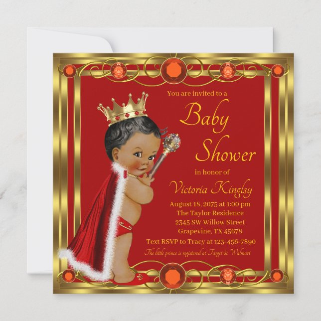 Invitation Baby shower Red Gold African American Prince Jewel (Devant)