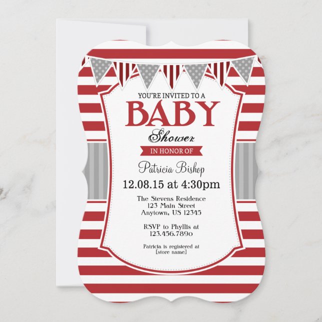 Invitation Baby shower Red Grey Stripes (Devant)