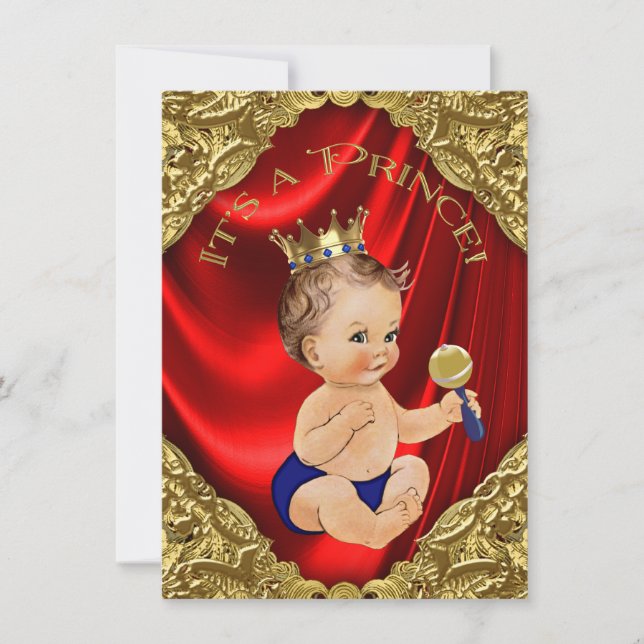Invitation Baby shower Red Royal Blue Gold Satin Prince (Devant)
