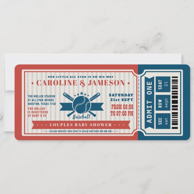 Invitation Baby shower Red Vintage Baseball Ticket Couples (Devant)