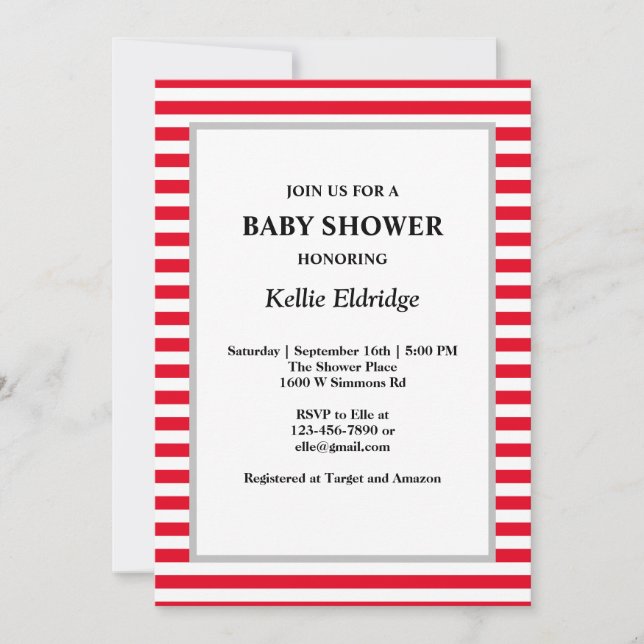 Invitation Baby shower Red/White Stripes (Devant)