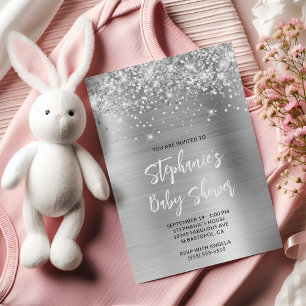 Invitation Baby Shower Registre en Ligne Pailleté Argent Glam