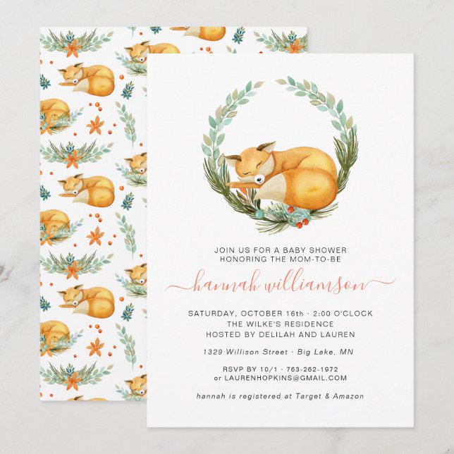 Invitation Baby Shower Renard de Bois Automne (Devant / Derrière)