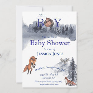 Invitation Baby Shower Renard Garçon Hiver Forêt de Bois