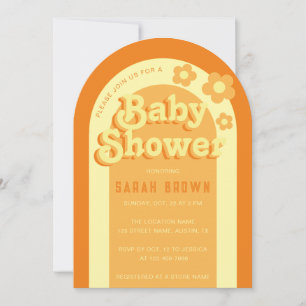 Invitation Baby Shower Rétro Arch Groovy 70s Orange Jaune