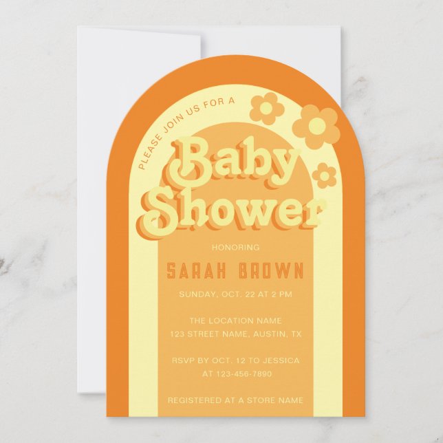 Invitation Baby shower Retro Arch Super les années 70 orange  (Devant)
