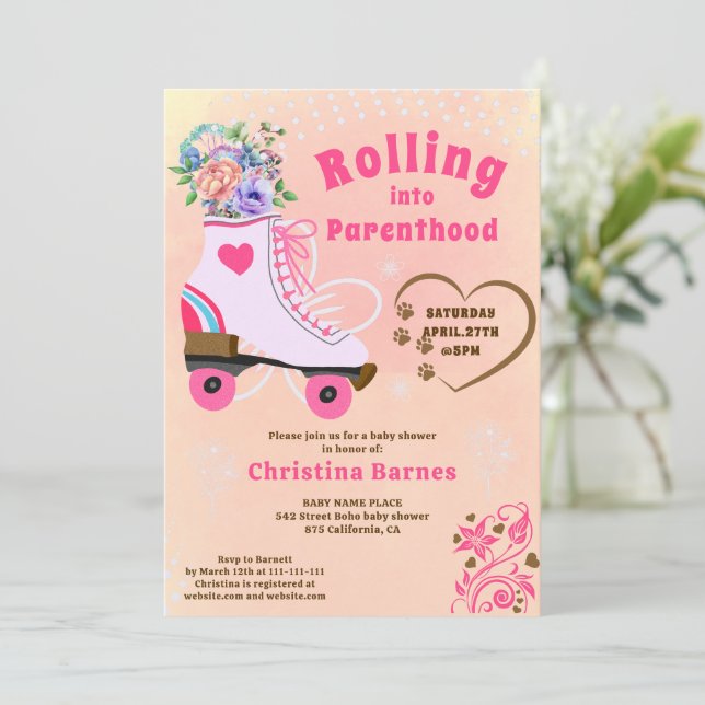Invitation Baby shower rétro bohème roller skate sarcelle fle (Debout devant)