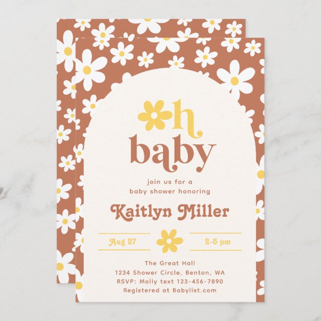 Invitation Baby shower Retro Daisy | Bébé rétro (Devant / Derrière)
